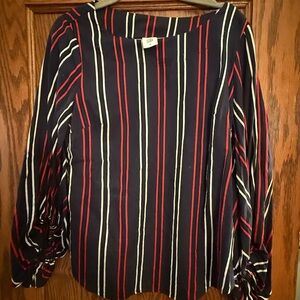 CAbi Women's Navy and Red Striped Blouse with balloon sleeves